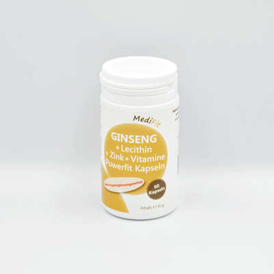 Sie sehen eine Packung Ginseng + Lecithin + Zink + Vitamine Powerfit Kapseln, Produktbild: 01 Ginseng + Lecithin + Zink + Vitamine Powerfit Kapseln, A-Nr.: 4547356 - 01