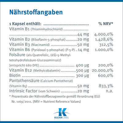 B-Complex mit Metafolin und Intrinsic Faktor Klean Labs Kapseln, A-Nr.: 5395664 - 08