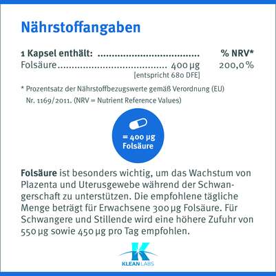 Folsäure 400 Klean Labs Kapseln, A-Nr.: 5598137 - 08