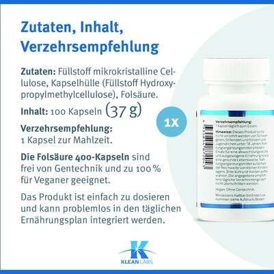Folsäure 400 Klean Labs Kapseln, A-Nr.: 5598137 - 09