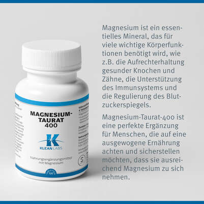 Sie sehen eine Packung Magnesium-Taurat 400 Klean Labs Tabletten, Produktbild: 07 Magnesium-Taurat 400 Klean Labs Tabletten, A-Nr.: 5598249 - 07