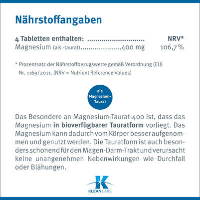 Sie sehen eine Packung Magnesium-Taurat 400 Klean Labs Tabletten, Produktbild: 08 Magnesium-Taurat 400 Klean Labs Tabletten, A-Nr.: 5598249 - 08