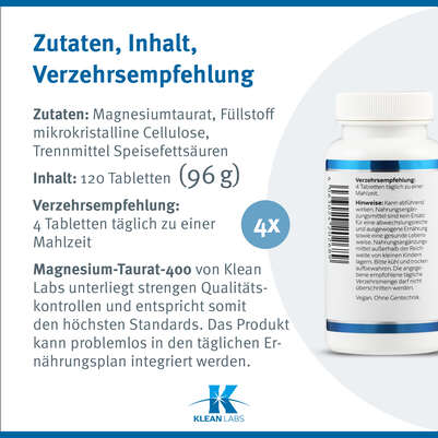 Sie sehen eine Packung Magnesium-Taurat 400 Klean Labs Tabletten, Produktbild: 09 Magnesium-Taurat 400 Klean Labs Tabletten, A-Nr.: 5598249 - 09