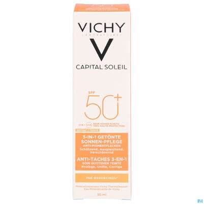 Sie sehen eine Packung Sonnenprodukte Vichy Ideal Soleil Anti-pigmentflecken F50+ 50ml, Produktbild: 01 Sonnenprodukte Vichy Ideal Soleil Anti-pigmentflecken F50+ 50ml, A-Nr.: 4604746 - 01
