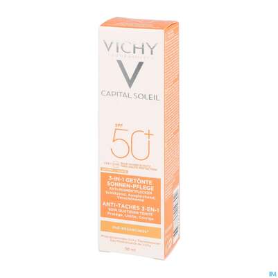 Sie sehen eine Packung Sonnenprodukte Vichy Ideal Soleil Anti-pigmentflecken F50+ 50ml, Produktbild: 02 Sonnenprodukte Vichy Ideal Soleil Anti-pigmentflecken F50+ 50ml, A-Nr.: 4604746 - 02
