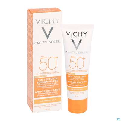 Sie sehen eine Packung Sonnenprodukte Vichy Ideal Soleil Anti-pigmentflecken F50+ 50ml, Produktbild: 05 Sonnenprodukte Vichy Ideal Soleil Anti-pigmentflecken F50+ 50ml, A-Nr.: 4604746 - 05