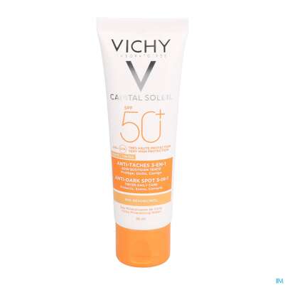 Sie sehen eine Packung Sonnenprodukte Vichy Ideal Soleil Anti-pigmentflecken F50+ 50ml, Produktbild: 07 Sonnenprodukte Vichy Ideal Soleil Anti-pigmentflecken F50+ 50ml, A-Nr.: 4604746 - 07