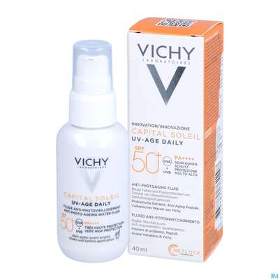 Sie sehen eine Packung Sonnenprodukte Vichy/capital Soleil Gesichtscreme Uv-age Lsf50+ 40ml, Produktbild: 12 Sonnenprodukte Vichy/capital Soleil Gesichtscreme Uv-age Lsf50+ 40ml, A-Nr.: 5360950 - 12