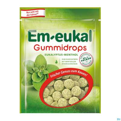 Sie sehen eine Packung Em-eukal Gummidrops Zuckerhaltig Eukalyptus Menthol 90g, Produktbild: 01 Em-eukal Gummidrops Zuckerhaltig Eukalyptus Menthol 90g, A-Nr.: 4335252 - 01