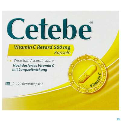Sie sehen eine Packung Cetebe Vitamin C -retard Kapseln 500mg 120st, Produktbild: 01 Cetebe Vitamin C -retard Kapseln 500mg 120st, A-Nr.: 2432301 - 01