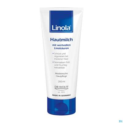 Sie sehen eine Packung Linola Hautmilch 200ml, Produktbild: 05 Linola Hautmilch 200ml, A-Nr.: 3628265 - 05
