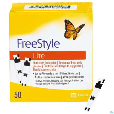Sie sehen eine Packung Diagnostika U.zubehoer Freestyle/lite Teststreifen -abbott 50st, Produktbild: 01 Diagnostika U.zubehoer Freestyle/lite Teststreifen -abbott 50st, A-Nr.: 3601906 - 01
