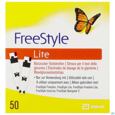 Sie sehen eine Packung Diagnostika U.zubehoer Freestyle/lite Teststreifen -abbott 50st, Produktbild: 02 Diagnostika U.zubehoer Freestyle/lite Teststreifen -abbott 50st, A-Nr.: 3601906 - 02