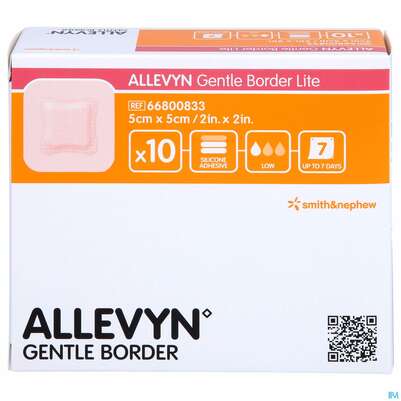 Sie sehen eine Packung Wundverband Allevyn/gentle Border Lite 5x 5cm 10st, Produktbild: 01 Wundverband Allevyn/gentle Border Lite 5x 5cm 10st, A-Nr.: 3946485 - 01