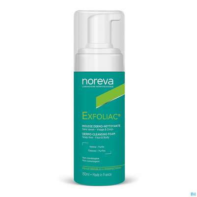 Sie sehen eine Packung Noreva Exfoliac Reinigungsschaum 150ml, Produktbild: 01 Noreva Exfoliac Reinigungsschaum 150ml, A-Nr.: 3959789 - 01