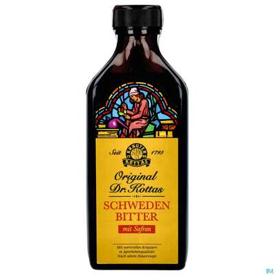 Sie sehen eine Packung Schwedenbitter Dr.Kottas Mit Safran 200ml, Produktbild: 01 Schwedenbitter Dr.Kottas Mit Safran 200ml, A-Nr.: 1243727 - 01
