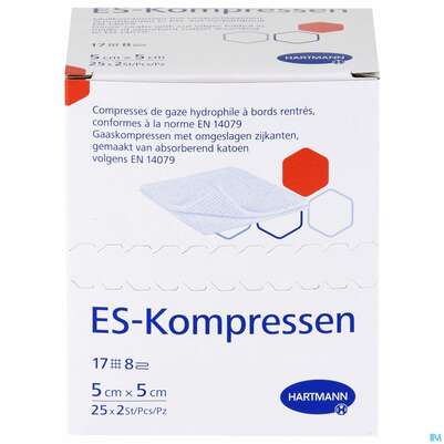 Sie sehen eine Packung Mullkompressen-es Hartmann/steril 8fach 17faedig 5x 5cm 25x2 50st, Produktbild: 01 Mullkompressen-es Hartmann/steril 8fach 17faedig 5x 5cm 25x2 50st, A-Nr.: 1152841 - 01