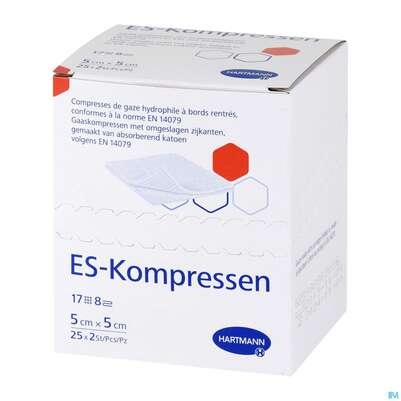 Sie sehen eine Packung Mullkompressen-es Hartmann/steril 8fach 17faedig 5x 5cm 25x2 50st, Produktbild: 02 Mullkompressen-es Hartmann/steril 8fach 17faedig 5x 5cm 25x2 50st, A-Nr.: 1152841 - 02