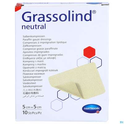 Sie sehen eine Packung Kompressen Grassolind Neutral Salbenkompresse Steril 5x 5cm 10st, Produktbild: 01 Kompressen Grassolind Neutral Salbenkompresse Steril 5x 5cm 10st, A-Nr.: 2368193 - 01