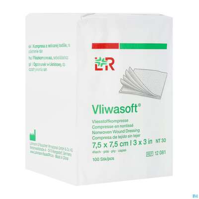 Sie sehen eine Packung Vlieskompressen Vliwasoft 4fach/unsteril Lose 7,5x 7,5cm 100st, Produktbild: 03 Vlieskompressen Vliwasoft 4fach/unsteril Lose 7,5x 7,5cm 100st, A-Nr.: 1017008 - 03