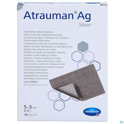 Sie sehen eine Packung Wundauflagen Atrauman/ag 5x 5cm 10st, Produktbild: 01 Wundauflagen Atrauman/ag 5x 5cm 10st, A-Nr.: 2991822 - 01