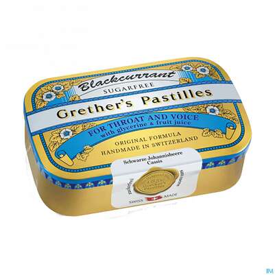 Sie sehen eine Packung Grether's Pastilles Blackcurrant Zuckerfrei 110g, Produktbild: 02 Grether's Pastilles Blackcurrant Zuckerfrei 110g, A-Nr.: 1704973 - 02