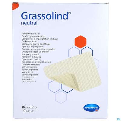 Sie sehen eine Packung Kompressen Grassolind Neutral Salbenkompresse Steril 10x 10cm 10st, Produktbild: 01 Kompressen Grassolind Neutral Salbenkompresse Steril 10x 10cm 10st, A-Nr.: 1520233 - 01