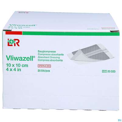 Sie sehen eine Packung Vliwazell Saugkompresse Steril 10x 10cm 25st, Produktbild: 01 Vliwazell Saugkompresse Steril 10x 10cm 25st, A-Nr.: 0666035 - 01