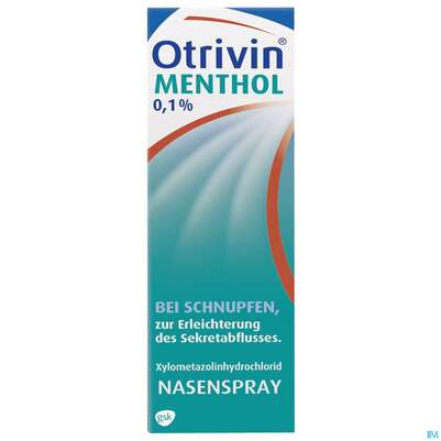 Sie sehen eine Packung Otrivin Nasenspray 0,1% Menthol 15ml, Produktbild: 01 Otrivin Nasenspray 0,1% Menthol 15ml, A-Nr.: 1312144 - 01