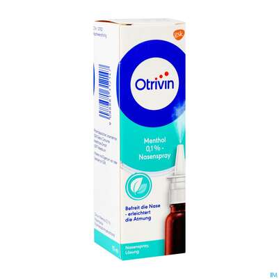 Sie sehen eine Packung Otrivin Nasenspray 0,1% Menthol 15ml, Produktbild: 04 Otrivin Nasenspray 0,1% Menthol 15ml, A-Nr.: 1312144 - 04