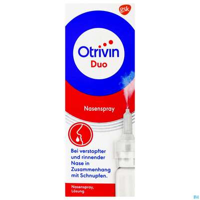 Sie sehen eine Packung Otrivin Nasenspray Duo Lösung 0,5mg/ml+0,6mg/ml 10ml, Produktbild: 02 Otrivin Nasenspray Duo Lösung 0,5mg/ml+0,6mg/ml 10ml, A-Nr.: 3902938 - 02