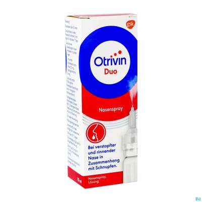 Sie sehen eine Packung Otrivin Nasenspray Duo Lösung 0,5mg/ml+0,6mg/ml 10ml, Produktbild: 04 Otrivin Nasenspray Duo Lösung 0,5mg/ml+0,6mg/ml 10ml, A-Nr.: 3902938 - 04