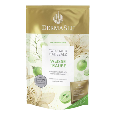 Sie sehen eine Packung DermaSel® Totes Meer Badesalz Weiße Traube, Produktbild: 01 DermaSel® Totes Meer Badesalz Weiße Traube, A-Nr.: 4056753 - 01