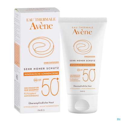 Sie sehen eine Packung Avène Mineralische Sonnencreme Spf 50+ 50ml, Produktbild: 11 Avène Mineralische Sonnencreme Spf 50+ 50ml, A-Nr.: 2993407 - 11