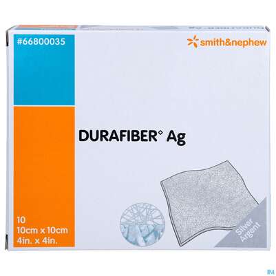 Sie sehen eine Packung Wundverband Durafiber/ag Antimikrobiell 10x10cm 66800 10st, Produktbild: 01 Wundverband Durafiber/ag Antimikrobiell 10x10cm 66800 10st, A-Nr.: 3815889 - 01