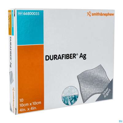 Sie sehen eine Packung Wundverband Durafiber/ag Antimikrobiell 10x10cm 66800 10st, Produktbild: 03 Wundverband Durafiber/ag Antimikrobiell 10x10cm 66800 10st, A-Nr.: 3815889 - 03
