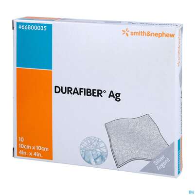Sie sehen eine Packung Wundverband Durafiber/ag Antimikrobiell 10x10cm 66800 10st, Produktbild: 04 Wundverband Durafiber/ag Antimikrobiell 10x10cm 66800 10st, A-Nr.: 3815889 - 04