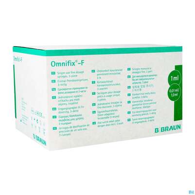 Sie sehen eine Packung Injektionsspritzen U.zubeh. Tuberkulin Einmal-spr Omnifix 1ml 3-teilig 100st, Produktbild: 03 Injektionsspritzen U.zubeh. Tuberkulin Einmal-spr Omnifix 1ml 3-teilig 100st, A-Nr.: 3048579 - 03