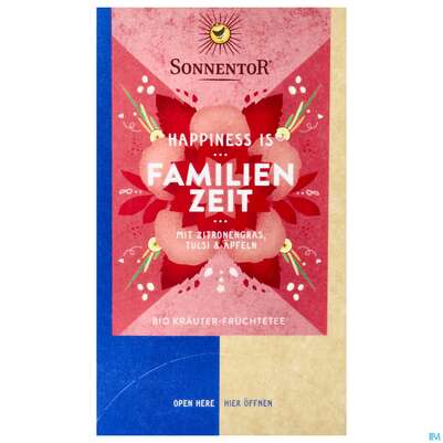 Sie sehen eine Packung Sonnentor Tee/bio Happiness Is Tee Familienzeit 02311 18st, Produktbild: 01 Sonnentor Tee/bio Happiness Is Tee Familienzeit 02311 18st, A-Nr.: 5683707 - 01