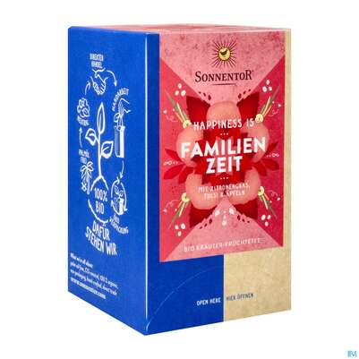 Sie sehen eine Packung Sonnentor Tee/bio Happiness Is Tee Familienzeit 02311 18st, Produktbild: 02 Sonnentor Tee/bio Happiness Is Tee Familienzeit 02311 18st, A-Nr.: 5683707 - 02