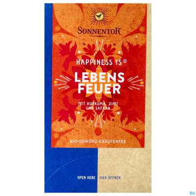 Sie sehen eine Packung Sonnentor Tee/bio Happiness Is Tee Lebensfeuer 02583 18st, Produktbild: 01 Sonnentor Tee/bio Happiness Is Tee Lebensfeuer 02583 18st, A-Nr.: 4803078 - 01