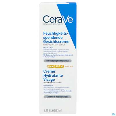 Sie sehen eine Packung Cerave Feuchtigkeitsspendend Tagescreme Lsf30 52ml, Produktbild: 02 Cerave Feuchtigkeitsspendend Tagescreme Lsf30 52ml, A-Nr.: 5275492 - 02