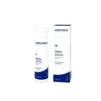 Sie sehen eine Packung Dermasence Adtop Wasch- und Duschlotion, Produktbild: 01 Dermasence Adtop Wasch- und Duschlotion, A-Nr.: 5599384 - 01