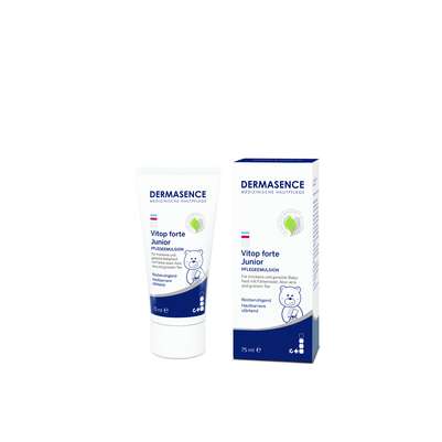 Sie sehen eine Packung Dermasence Vitop forte Junior Pflegeemulsion, Produktbild: 01 Dermasence Vitop forte Junior Pflegeemulsion, A-Nr.: 4899799 - 01