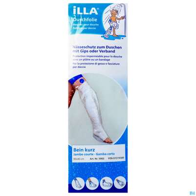 Sie sehen eine Packung Duschschutz Illa +klebeverschluss Bein/kurz 5st, Produktbild: 01 Duschschutz Illa +klebeverschluss Bein/kurz 5st, A-Nr.: 2203859 - 01