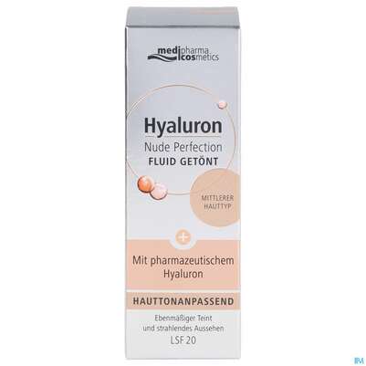 Sie sehen eine Packung Hyaluron Nude Perfection Getoentes Fluid Mittlerer Typ Lsf 20 50ml, Produktbild: 01 Hyaluron Nude Perfection Getoentes Fluid Mittlerer Typ Lsf 20 50ml, A-Nr.: 4914719 - 01