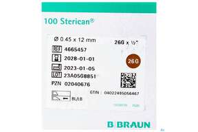 Injektionsspritzen U.zubeh. Insulin/einmalkanuelen Sterican G26x 1/2 0,45x12mm 46654 100st, A-Nr.: 3048556 - 01