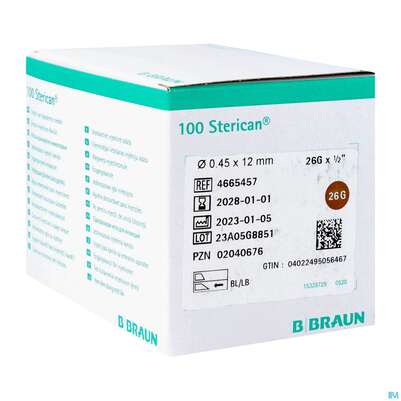 Sie sehen eine Packung Injektionsspritzen U.zubeh. Insulin/einmalkanuelen Sterican G26x 1/2 0,45x12mm 46654 100st, Produktbild: 04 Injektionsspritzen U.zubeh. Insulin/einmalkanuelen Sterican G26x 1/2 0,45x12mm 46654 100st, A-Nr.: 3048556 - 04