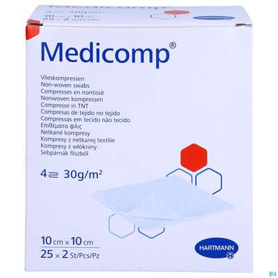 Sie sehen eine Packung Kompressen Medicomp Vliesstoff 4fach Steril 10x 10cm 25x2 50st, Produktbild: 01 Kompressen Medicomp Vliesstoff 4fach Steril 10x 10cm 25x2 50st, A-Nr.: 1652006 - 01