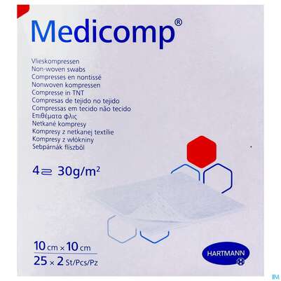 Sie sehen eine Packung Kompressen Medicomp Vliesstoff 4fach Steril 10x 10cm 25x2 50st, Produktbild: 02 Kompressen Medicomp Vliesstoff 4fach Steril 10x 10cm 25x2 50st, A-Nr.: 1652006 - 02